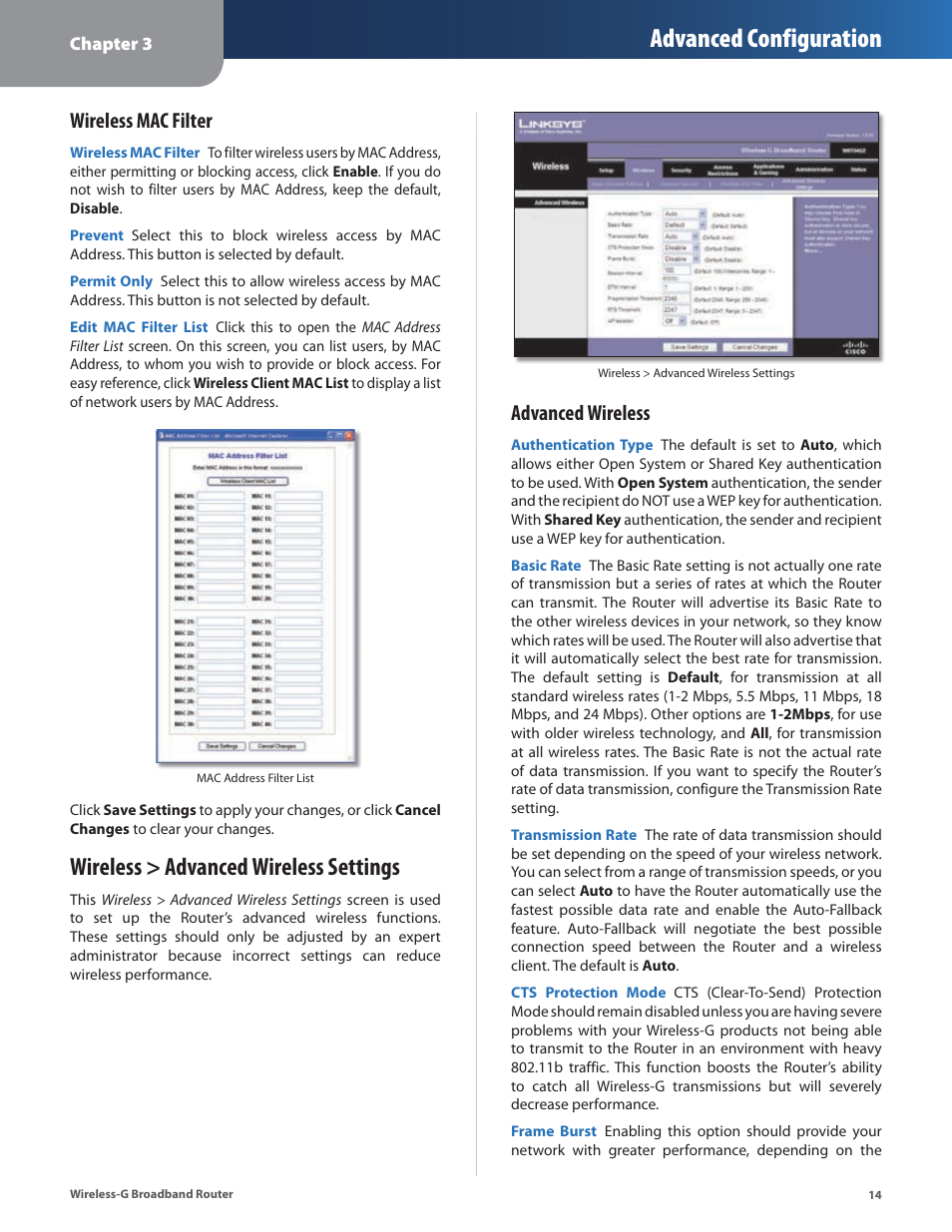 Wireless > advanced wireless settings, Advanced configuration, Wireless mac filter | Advanced wireless | Linksys WRT54G2 User Manual | Page 18 / 51