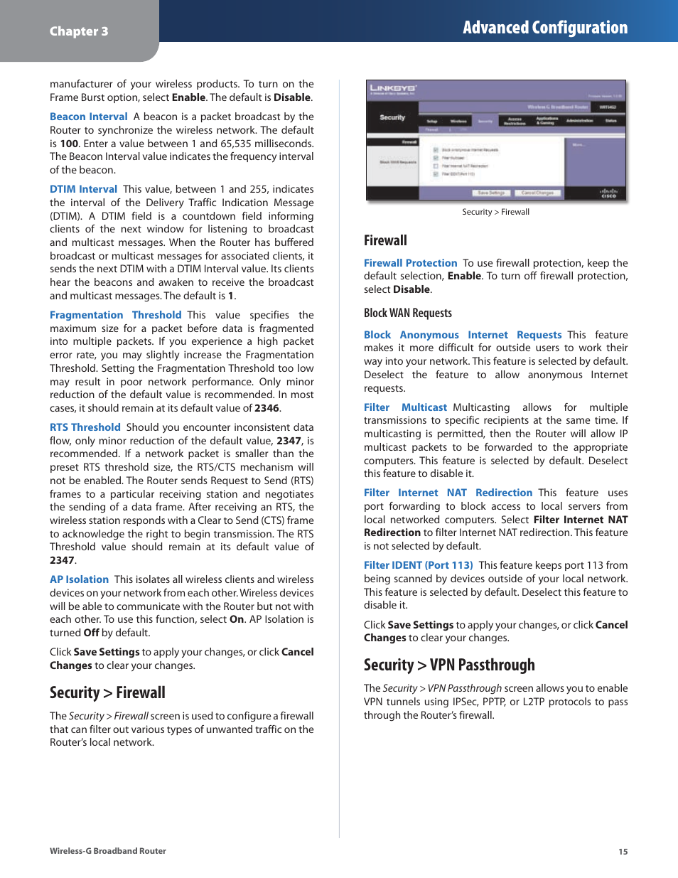 Security > firewall, Security > vpn passthrough, Security > firewall security > vpn passthrough | Advanced configuration, Firewall | Linksys WRT54G2 User Manual | Page 19 / 51