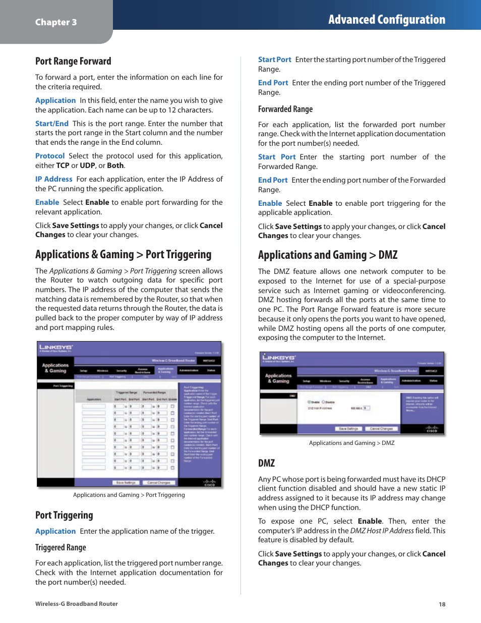 Applications & gaming > port triggering, Applications and gaming > dmz, Advanced configuration | Port range forward, Port triggering | Linksys WRT54G2 User Manual | Page 22 / 51