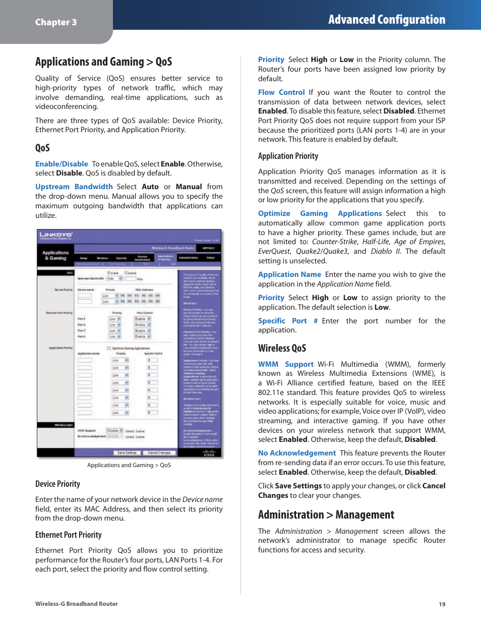 Applications and gaming > qos, Administration > management, Advanced configuration | Wireless qos | Linksys WRT54G2 User Manual | Page 23 / 51