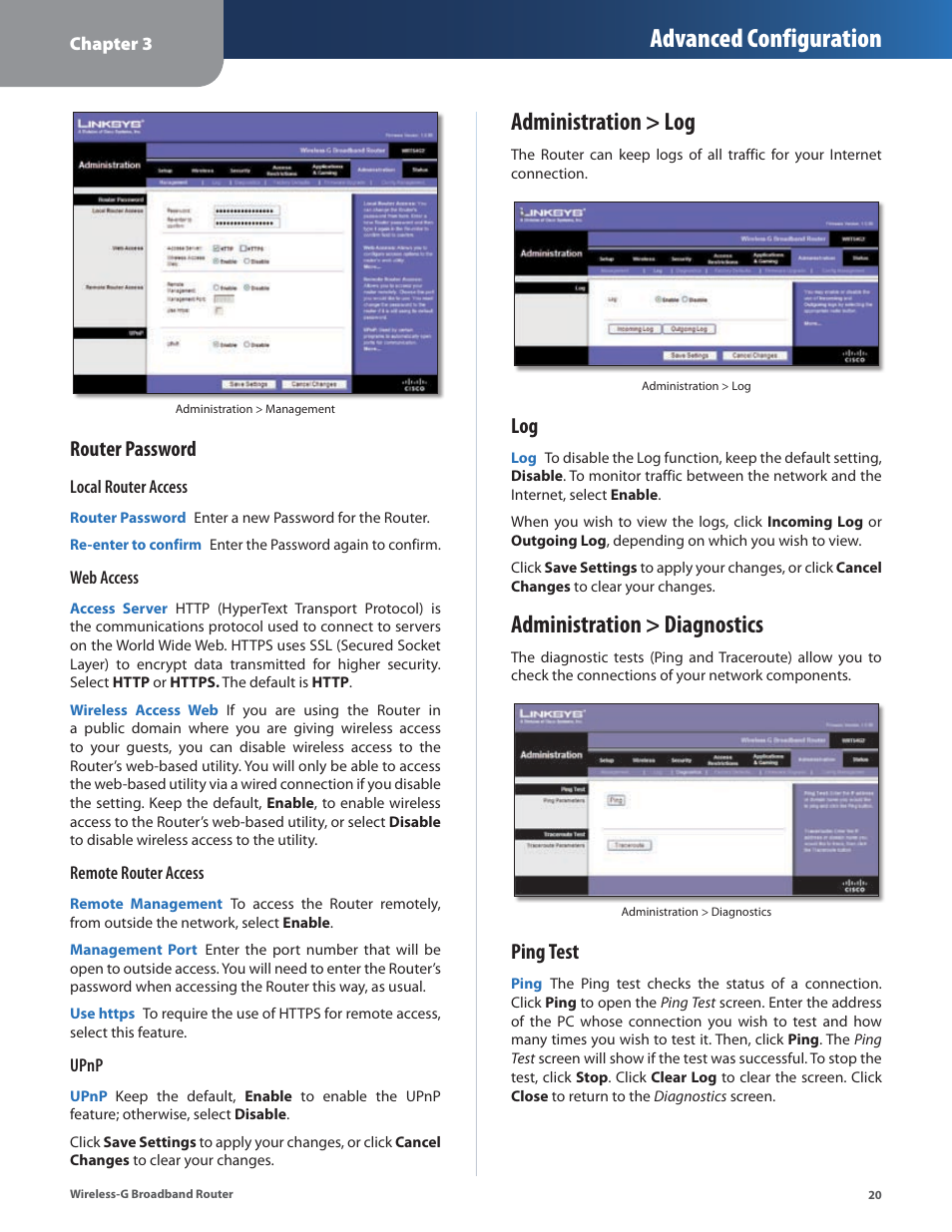 Administration > log, Administration > diagnostics, Administration > log administration > diagnostics | Advanced configuration, Router password, Ping test | Linksys WRT54G2 User Manual | Page 24 / 51