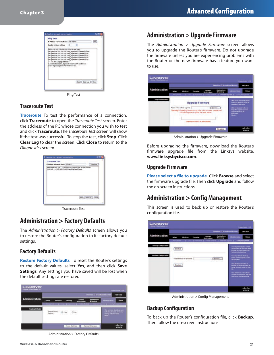 Administration > factory defaults, Administration > upgrade firmware, Administration > config management | Advanced configuration, Traceroute test, Factory defaults, Upgrade firmware, Backup configuration | Linksys WRT54G2 User Manual | Page 25 / 51