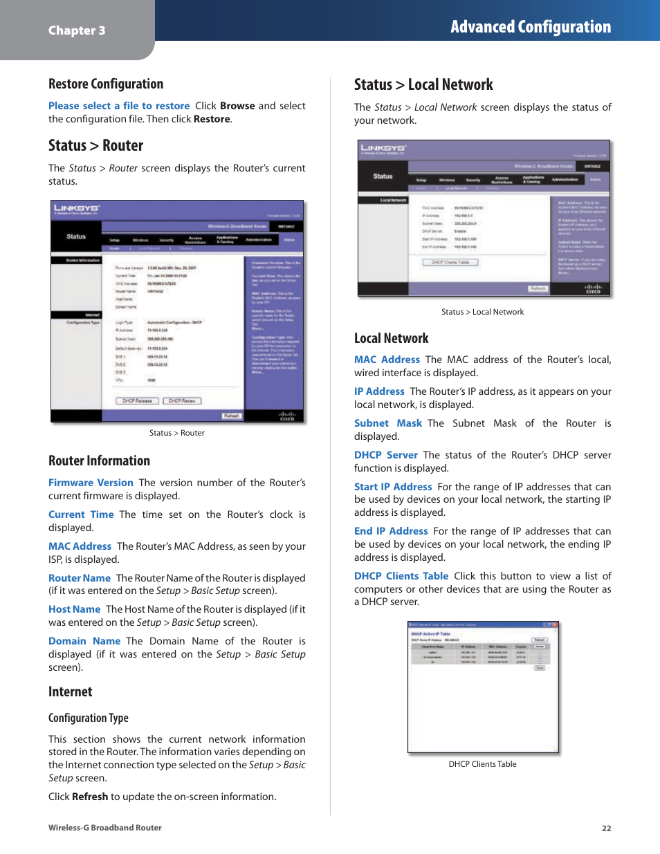 Status > router, Status > local network, Status > router status > local network | Advanced configuration, Restore configuration, Router information, Internet, Local network | Linksys WRT54G2 User Manual | Page 26 / 51