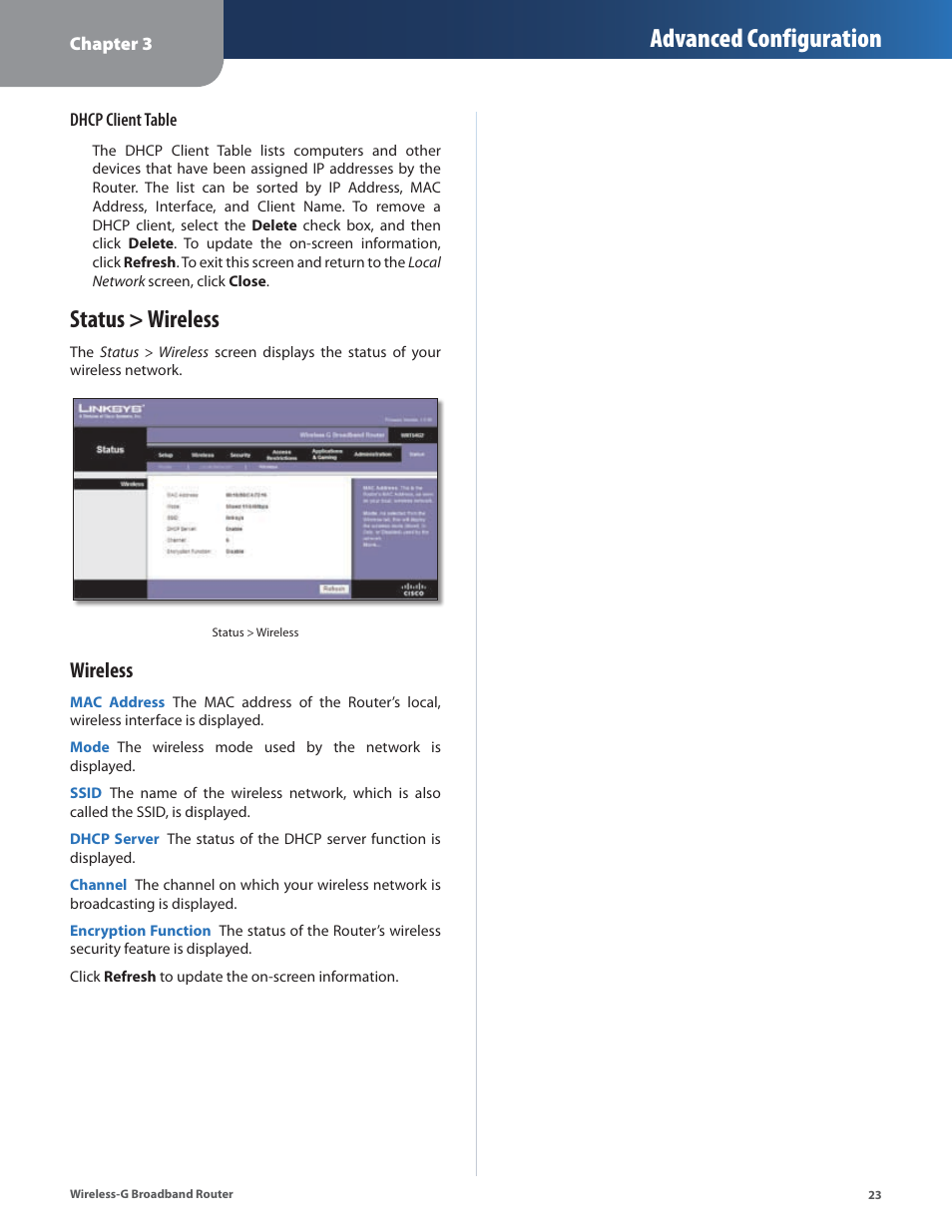 Status > wireless, Advanced configuration, Wireless | Linksys WRT54G2 User Manual | Page 27 / 51