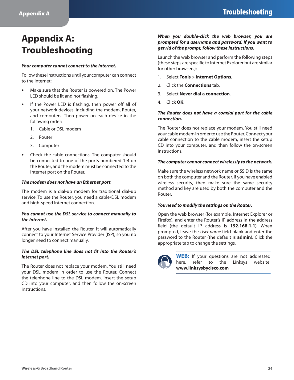 Appendix a: troubleshooting, Troubleshooting | Linksys WRT54G2 User Manual | Page 28 / 51