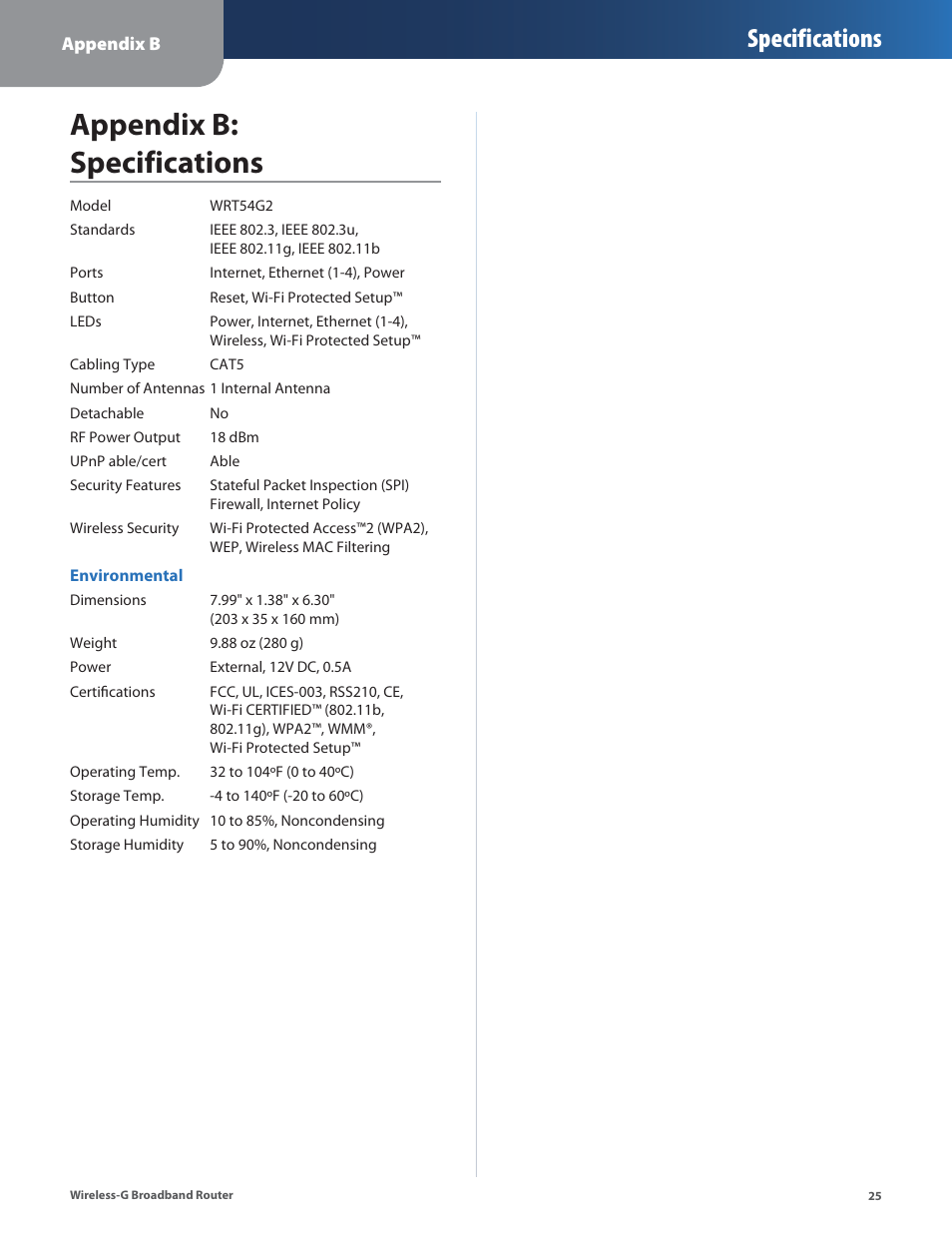 Appendix b: specifications, Specifications | Linksys WRT54G2 User Manual | Page 29 / 51