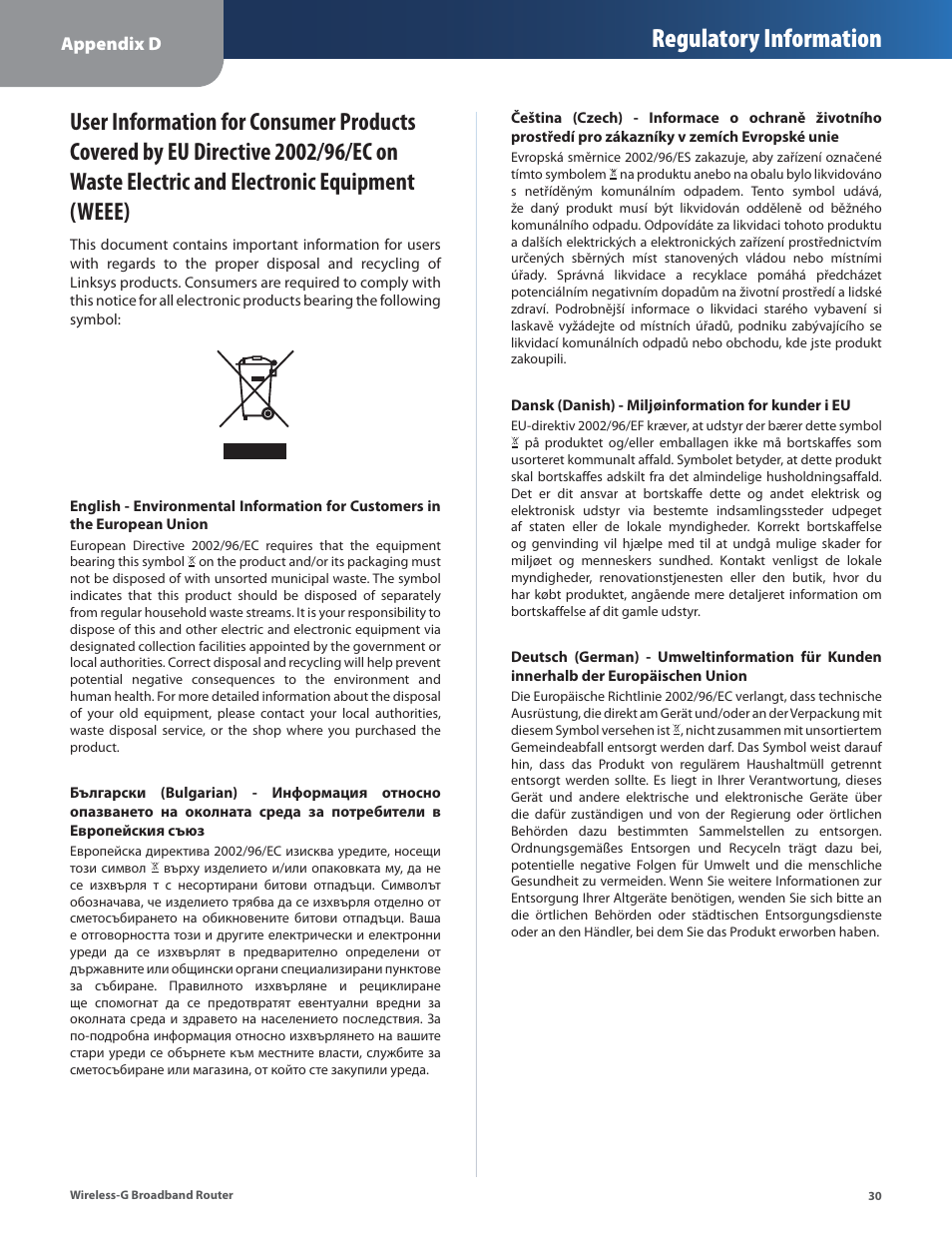 Electric and electronic equipment (weee), Regulatory information | Linksys WRT54G2 User Manual | Page 34 / 51