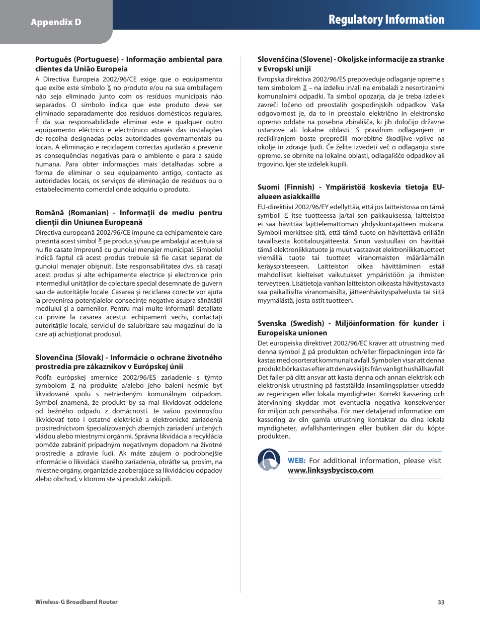 Regulatory information, Appendix d | Linksys WRT54G2 User Manual | Page 37 / 51