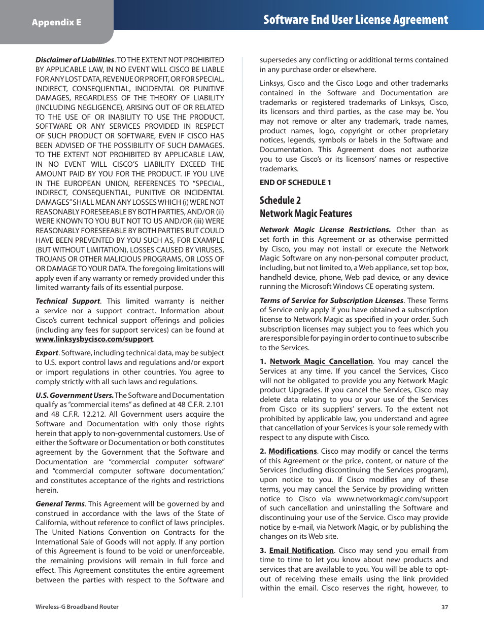 Software end user license agreement, Schedule 2 network magic features | Linksys WRT54G2 User Manual | Page 41 / 51