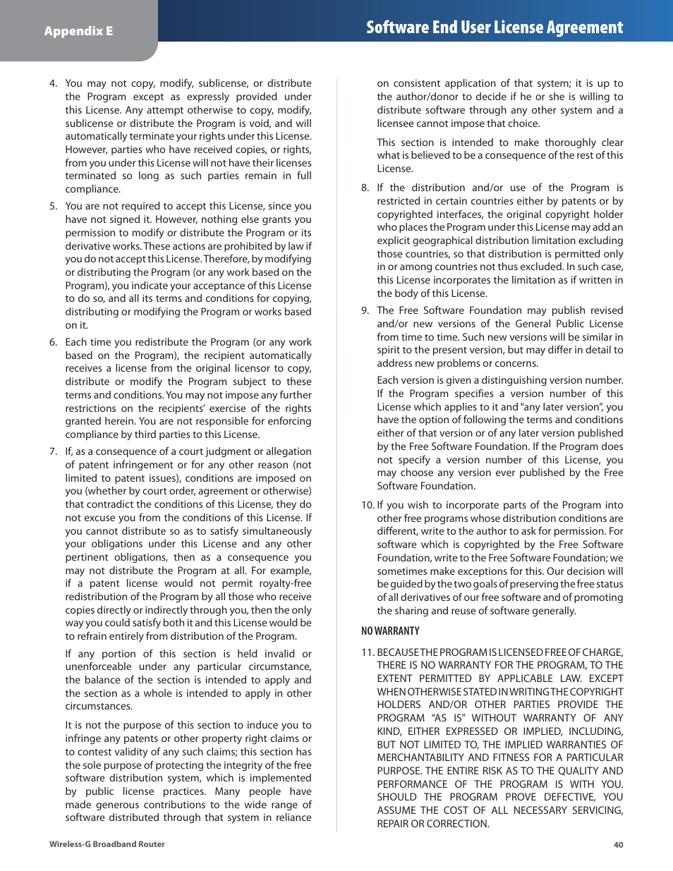 Software end user license agreement | Linksys WRT54G2 User Manual | Page 44 / 51