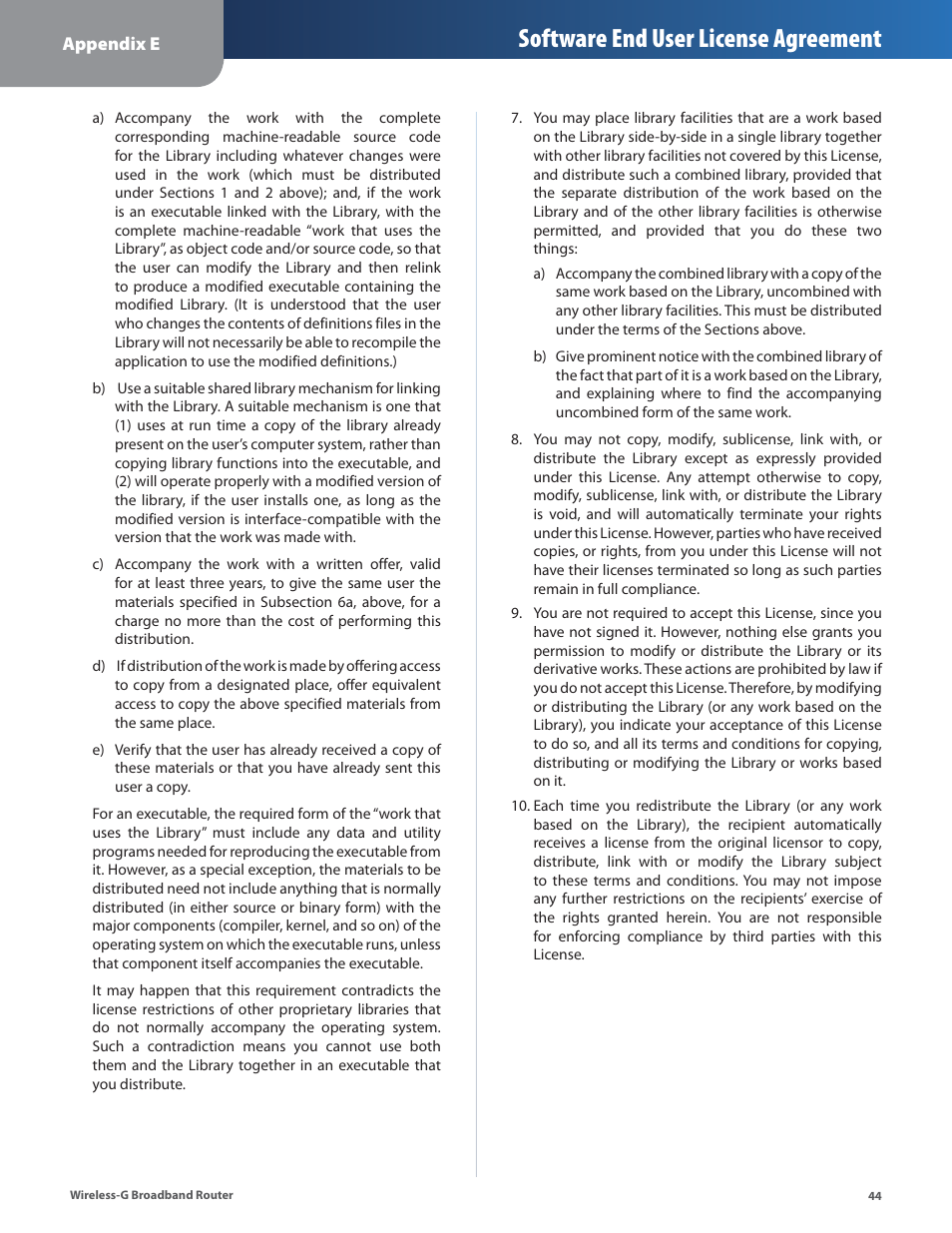 Software end user license agreement | Linksys WRT54G2 User Manual | Page 48 / 51