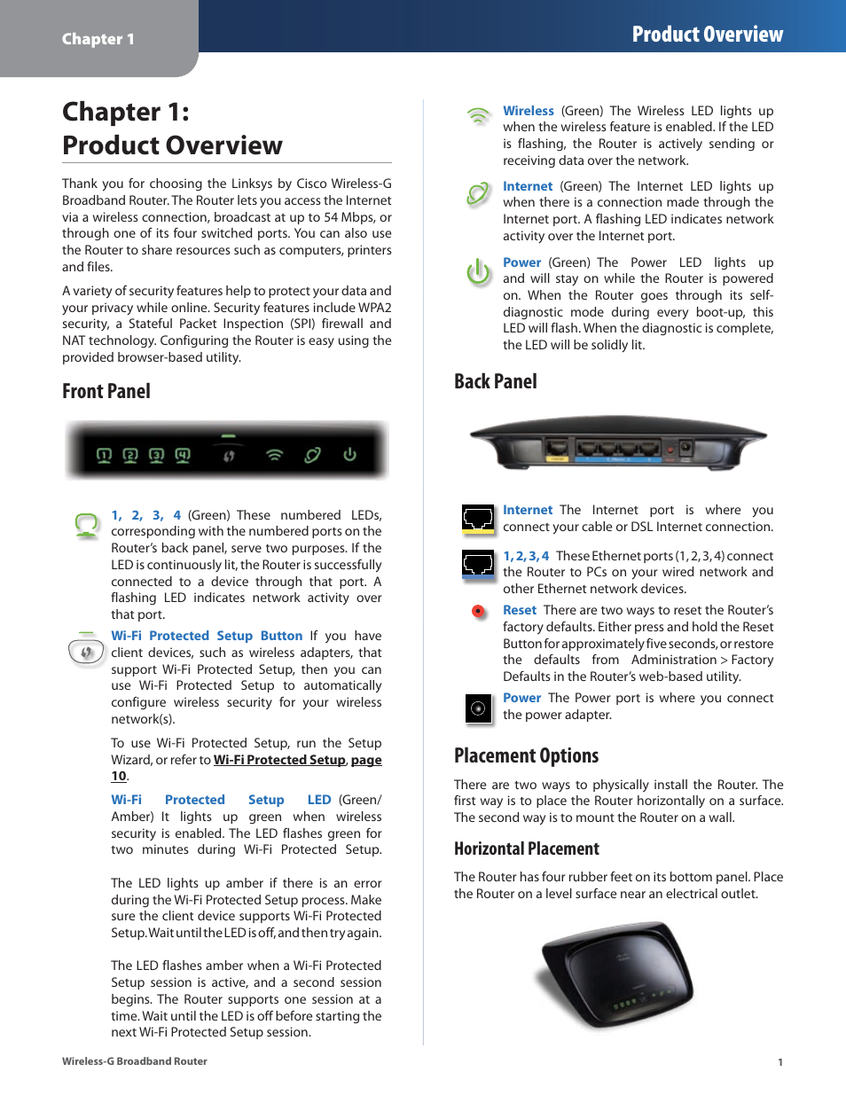 Chapter 1: product overview, Front panel, Back panel | Placement options, Front panel back panel placement options, Product overview, Horizontal placement | Linksys WRT54G2 User Manual | Page 5 / 51