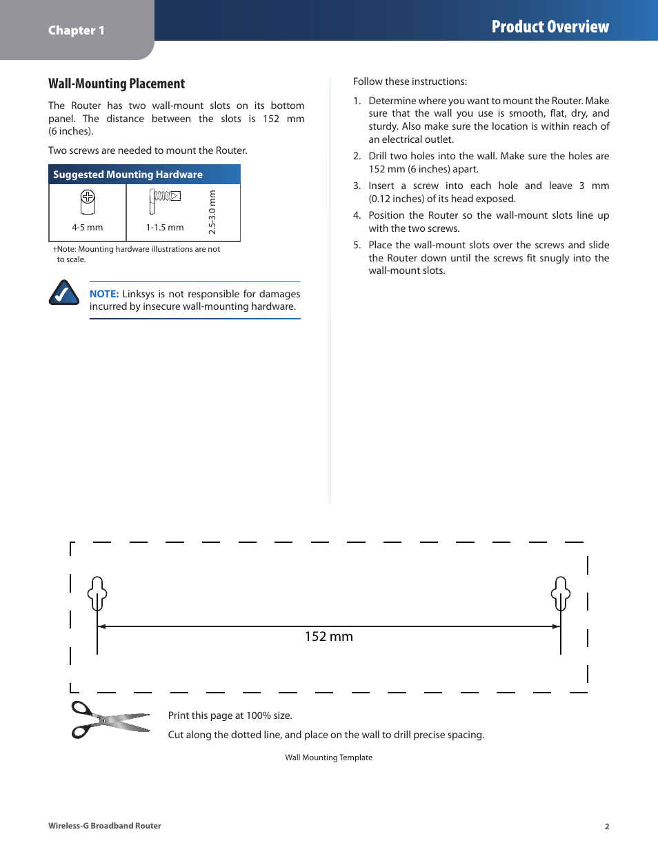 Product overview, Wall-mounting placement, 152 mm | Linksys WRT54G2 User Manual | Page 6 / 51