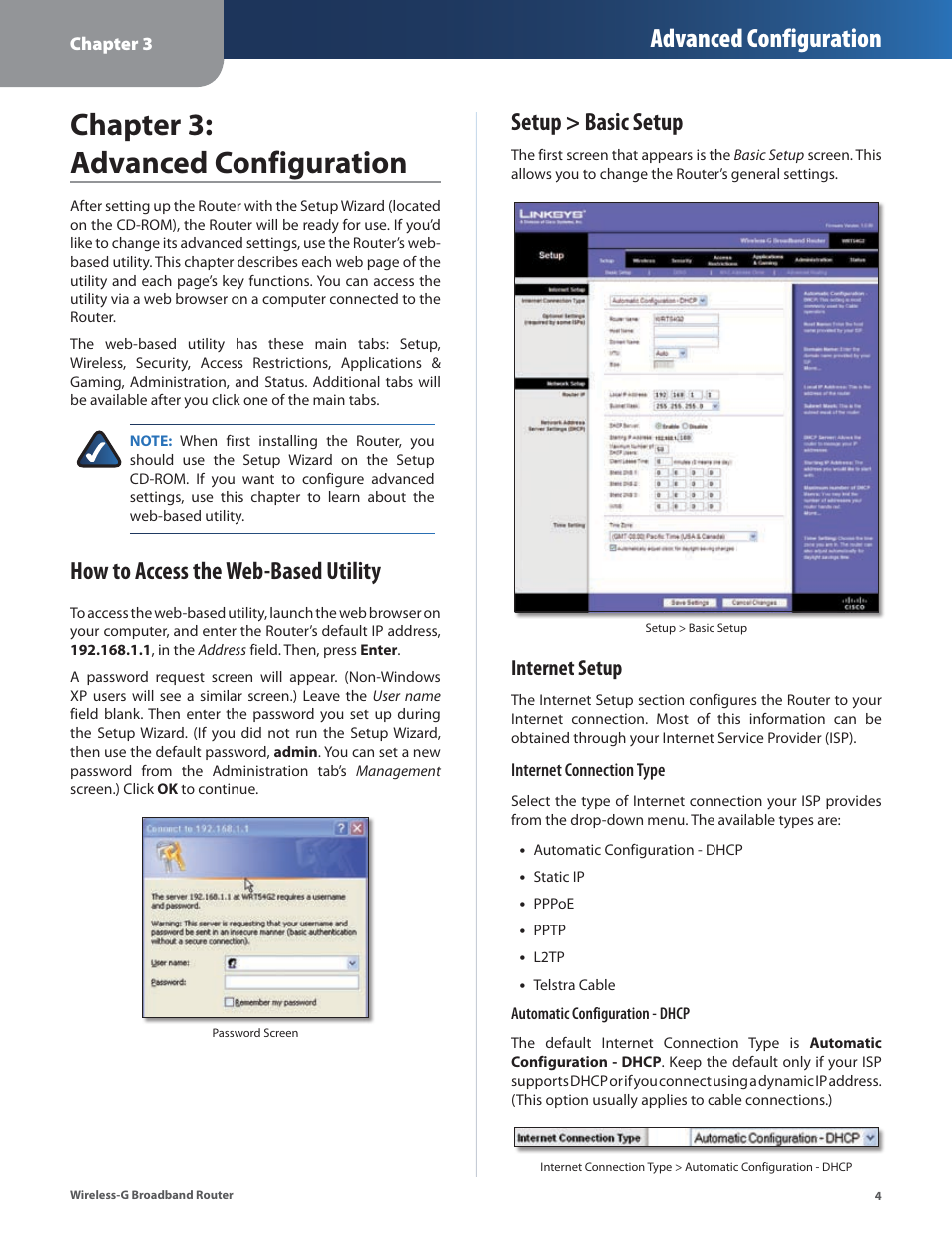 Chapter 3: advanced configuration, Setup > basic setup, Advanced configuration | How to access the web-based utility, Internet setup | Linksys WRT54G2 User Manual | Page 8 / 51