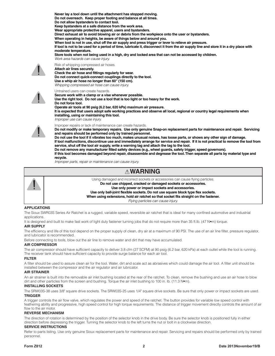 Warning | Sioux Tools SRW07-50 User Manual | Page 2 / 7