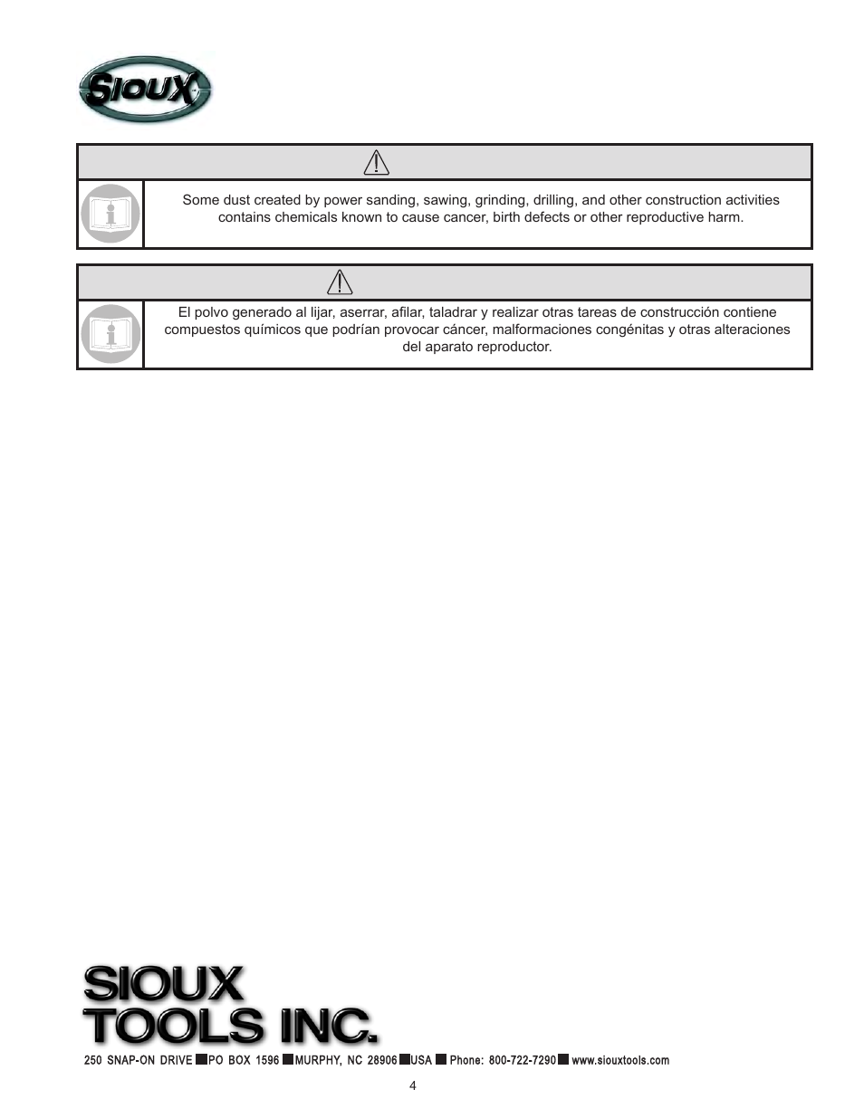 Advertencia, Warning | Sioux Tools 270A-4 User Manual | Page 4 / 5