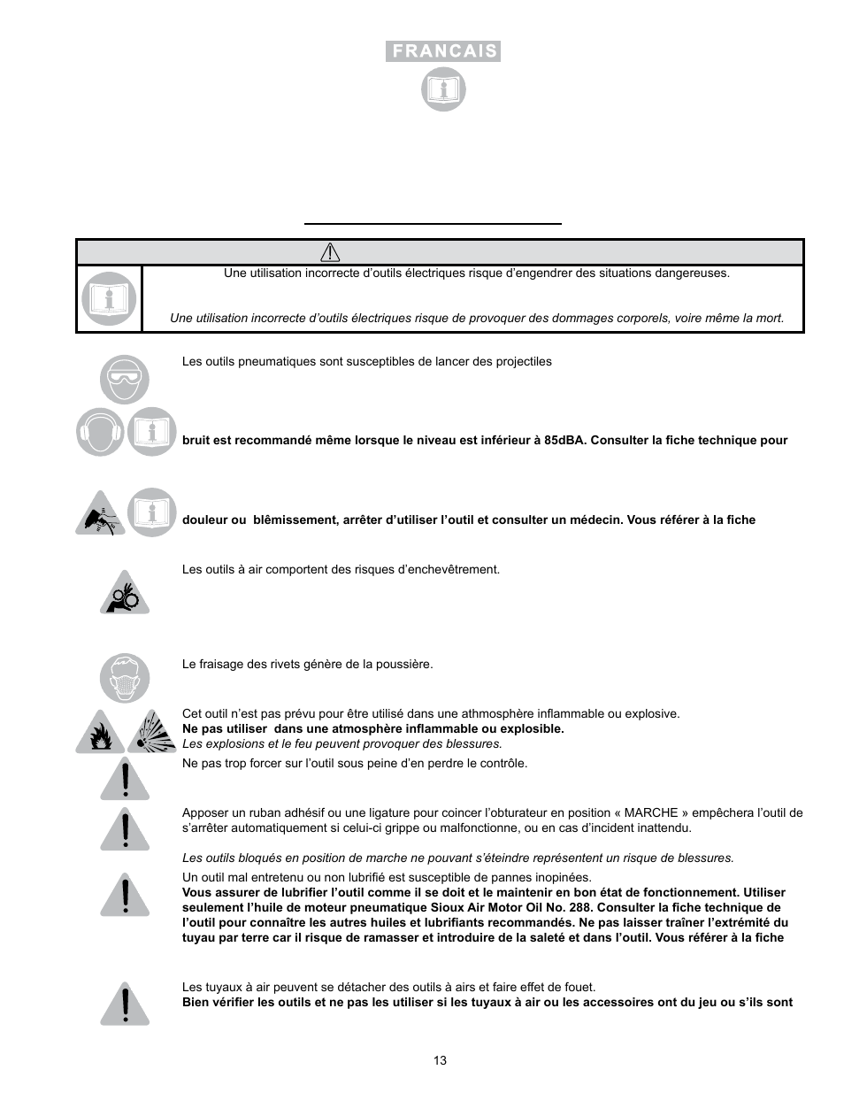 Avertissement | Sioux Tools SRS10S STRAIGHT User Manual | Page 13 / 25