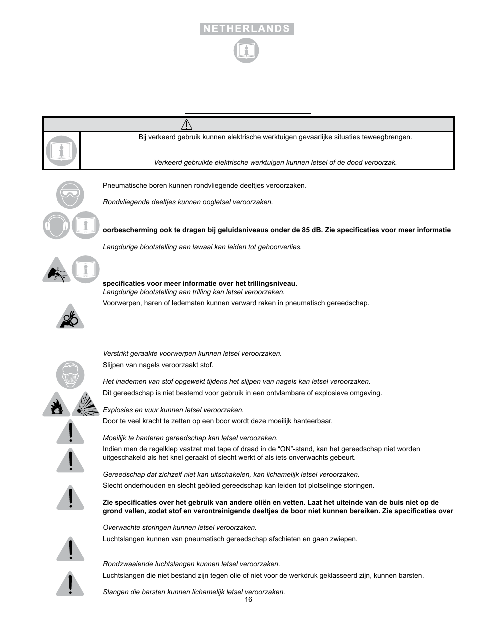 Waarschuwing | Sioux Tools SRS10S STRAIGHT User Manual | Page 16 / 25