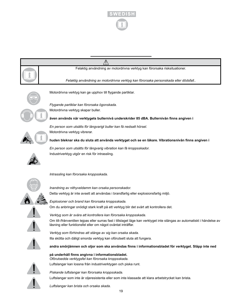 Varning | Sioux Tools SRS10S STRAIGHT User Manual | Page 19 / 25