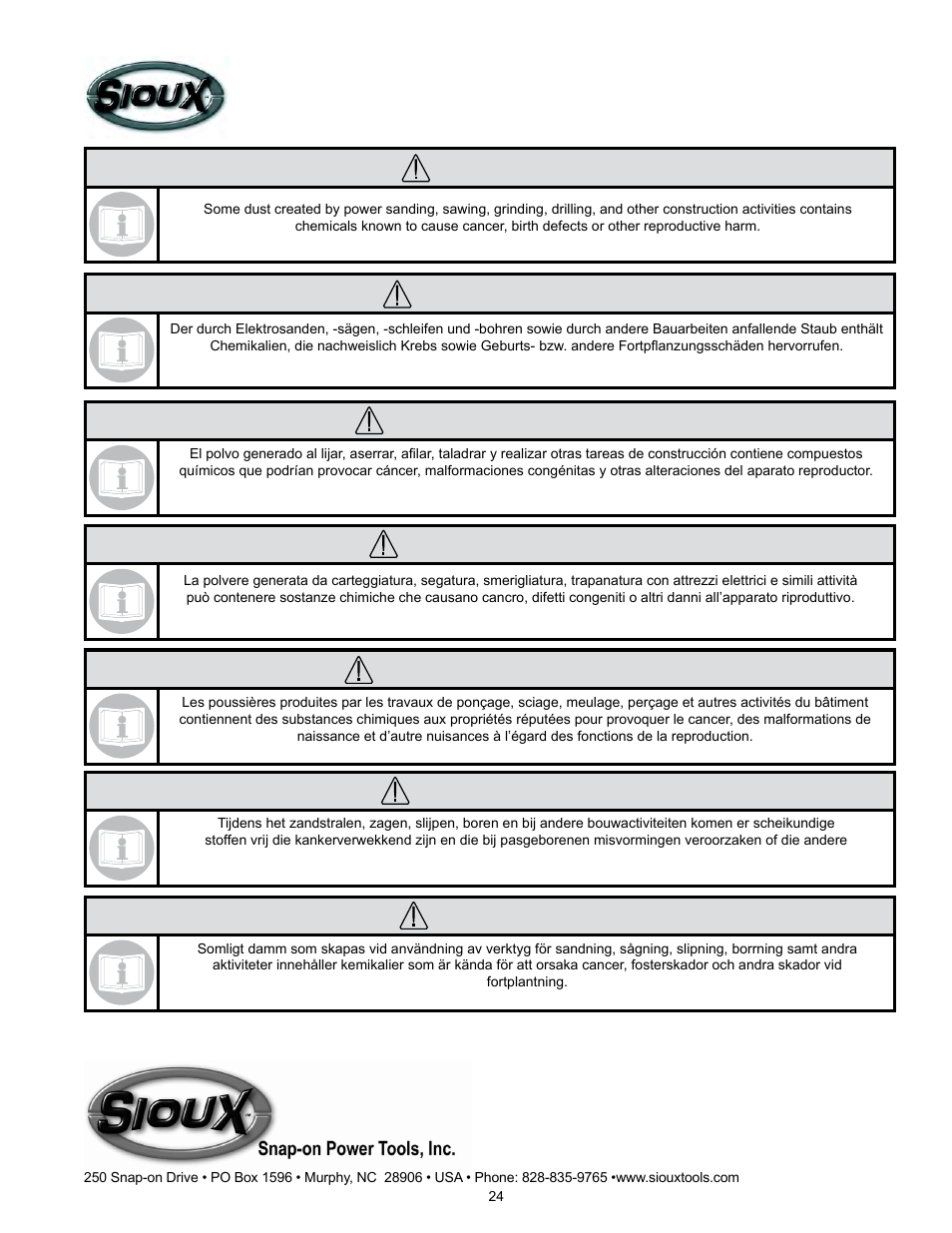 Varning, Opgepast, Avertissement | Advertencia, Attenzione, Warnung, Warning | Sioux Tools SRS10S STRAIGHT User Manual | Page 24 / 25