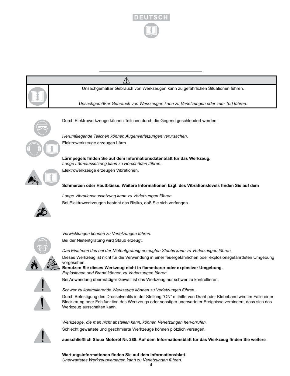 Warnung | Sioux Tools SRS10S STRAIGHT User Manual | Page 4 / 25