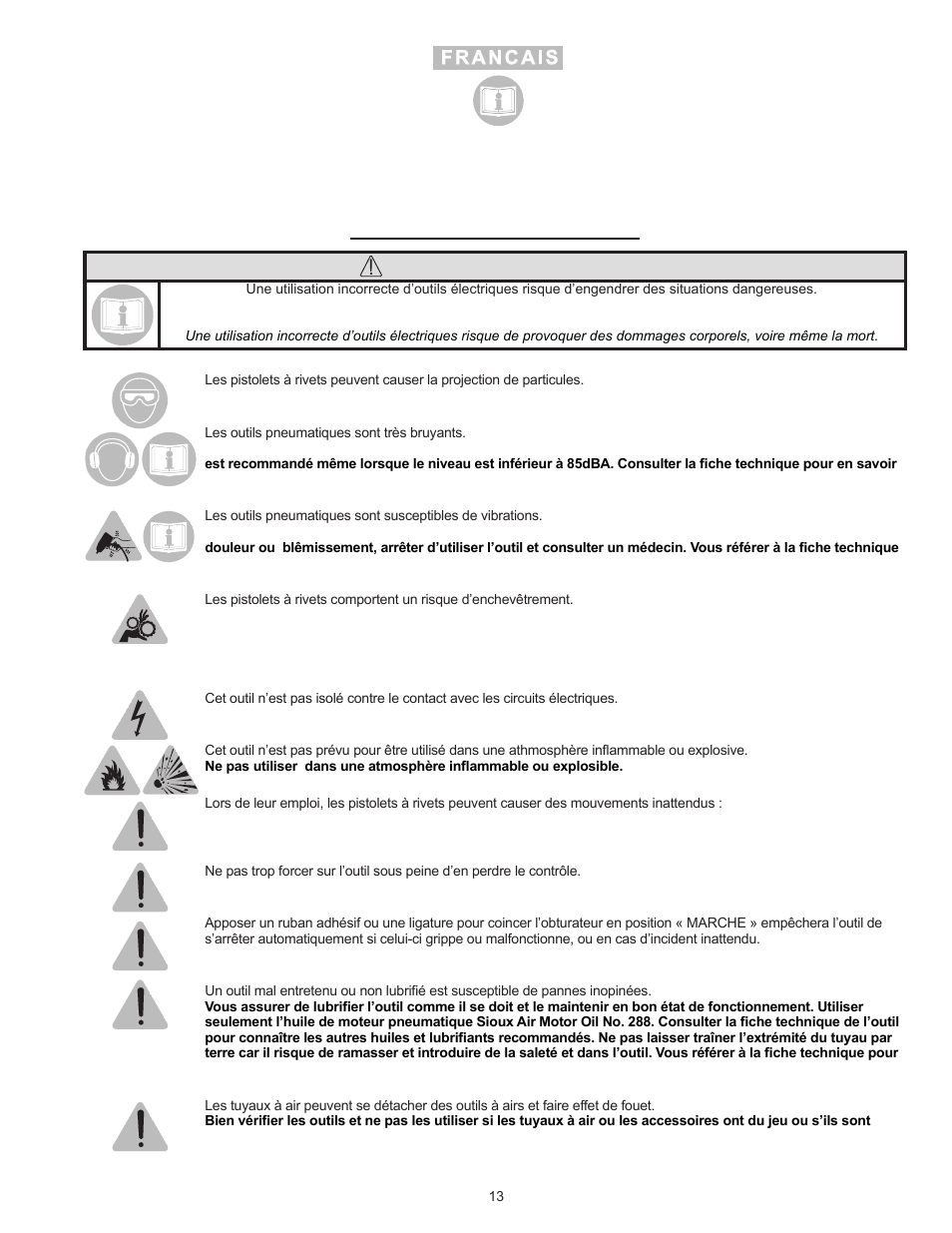 Avertissement | Sioux Tools SSR6P25 User Manual | Page 13 / 25