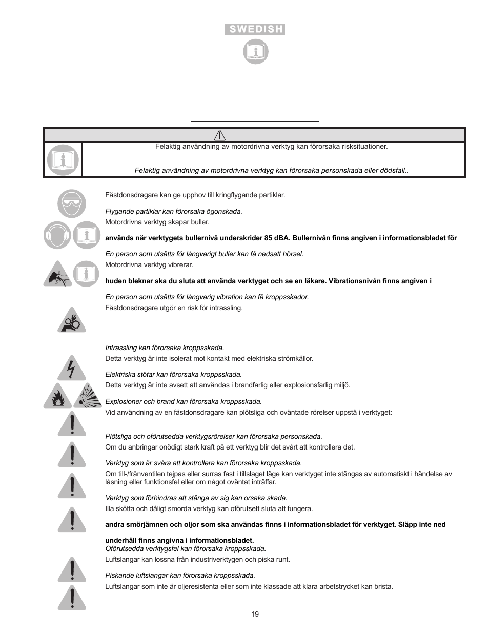 Varning | Sioux Tools SSR6P25 User Manual | Page 19 / 25