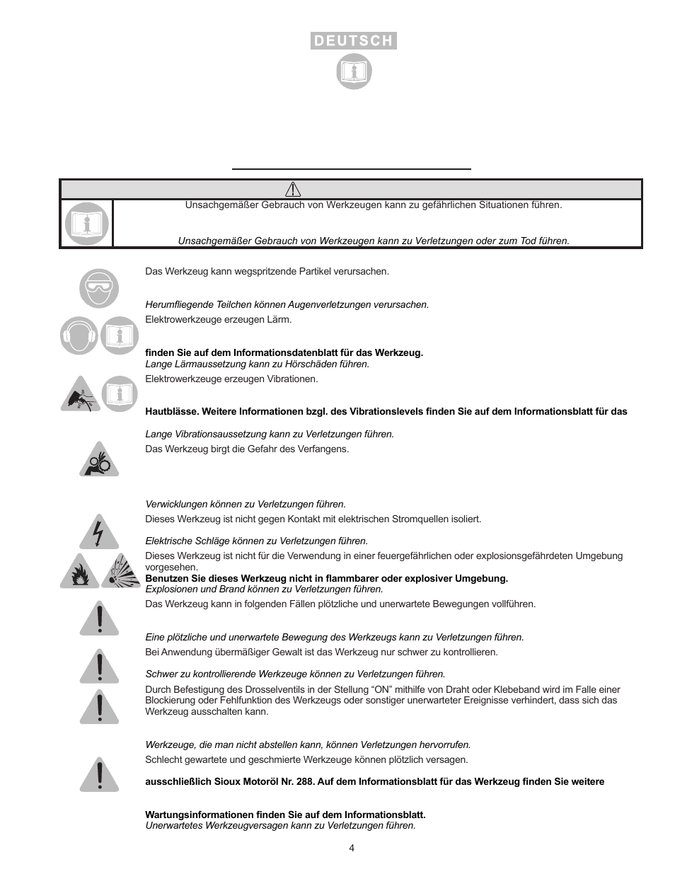 Warnung | Sioux Tools SSR6P25 User Manual | Page 4 / 25