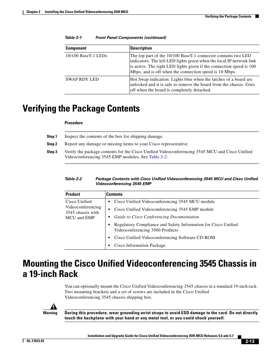 Verifying the package contents | Cisco 3545 MCU User Manual | Page 19 / 56