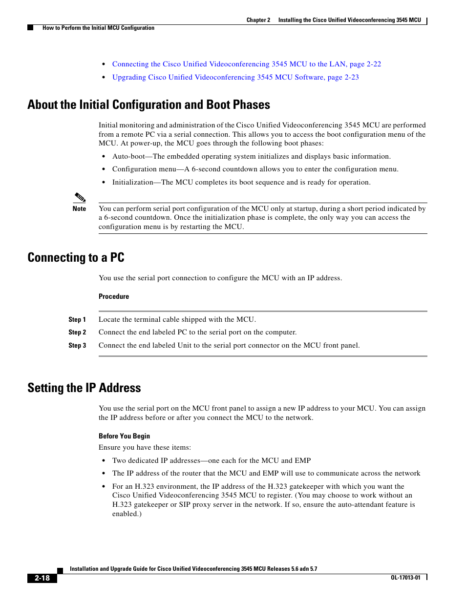 About the initial configuration and boot phases, Connecting to a pc, Setting the ip address | Cisco 3545 MCU User Manual | Page 24 / 56