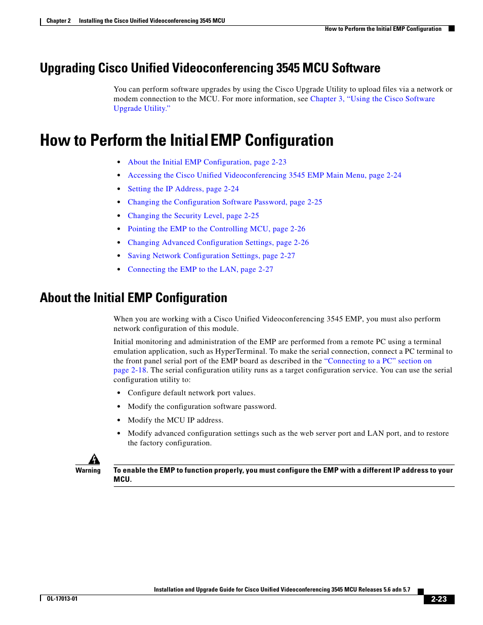 How to perform the initial emp configuration, About the initial emp configuration, How to perform the initial | Emp configuration | Cisco 3545 MCU User Manual | Page 29 / 56