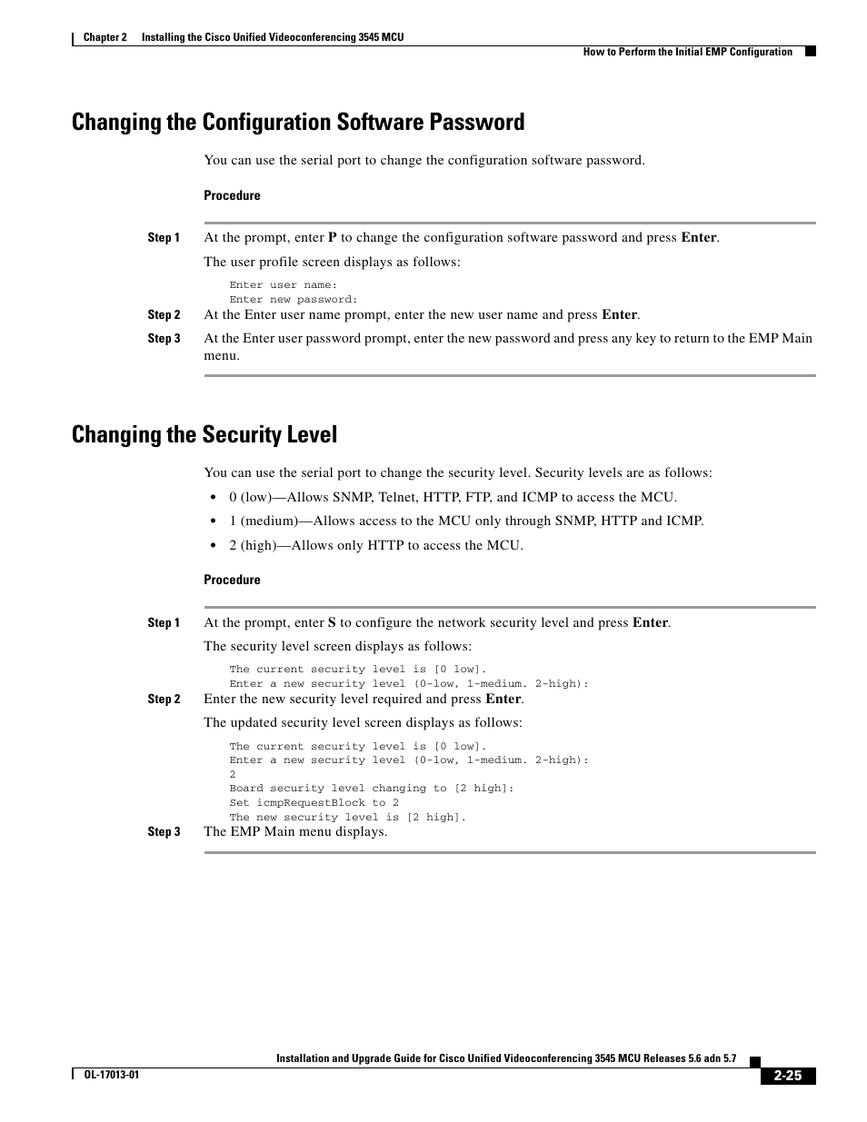 Changing the configuration software password, Changing the security level | Cisco 3545 MCU User Manual | Page 31 / 56