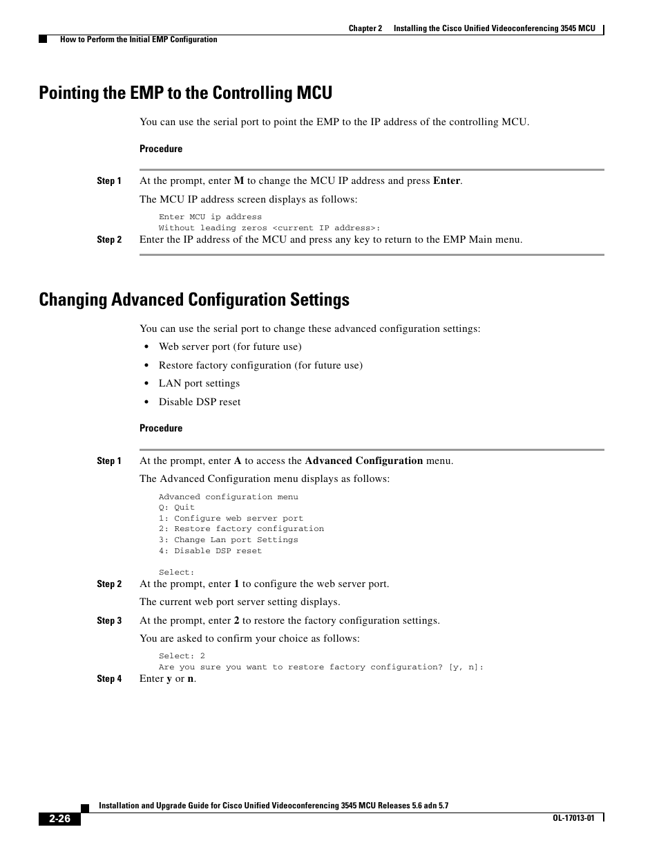Pointing the emp to the controlling mcu, Changing advanced configuration settings | Cisco 3545 MCU User Manual | Page 32 / 56