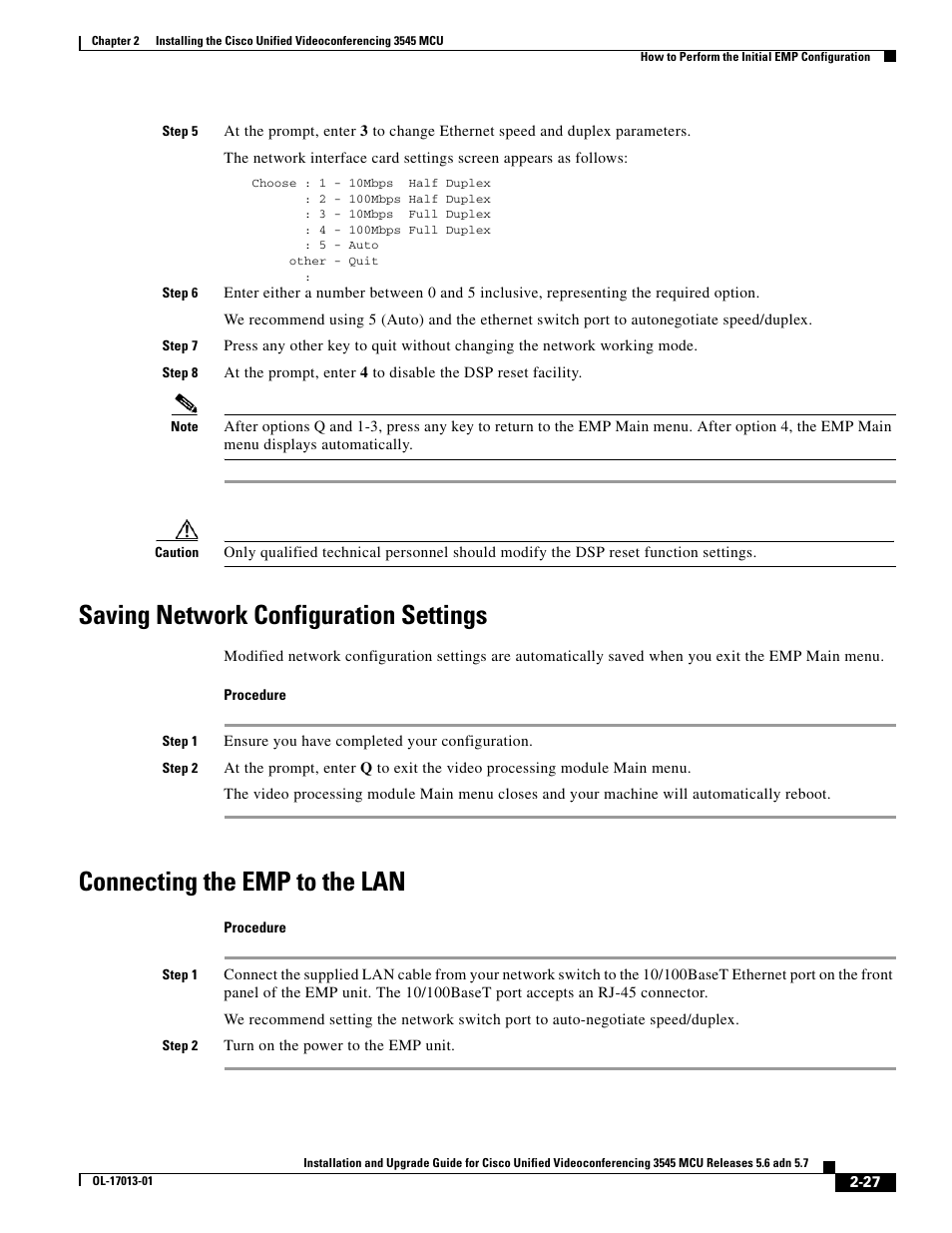 Saving network configuration settings, Connecting the emp to the lan | Cisco 3545 MCU User Manual | Page 33 / 56