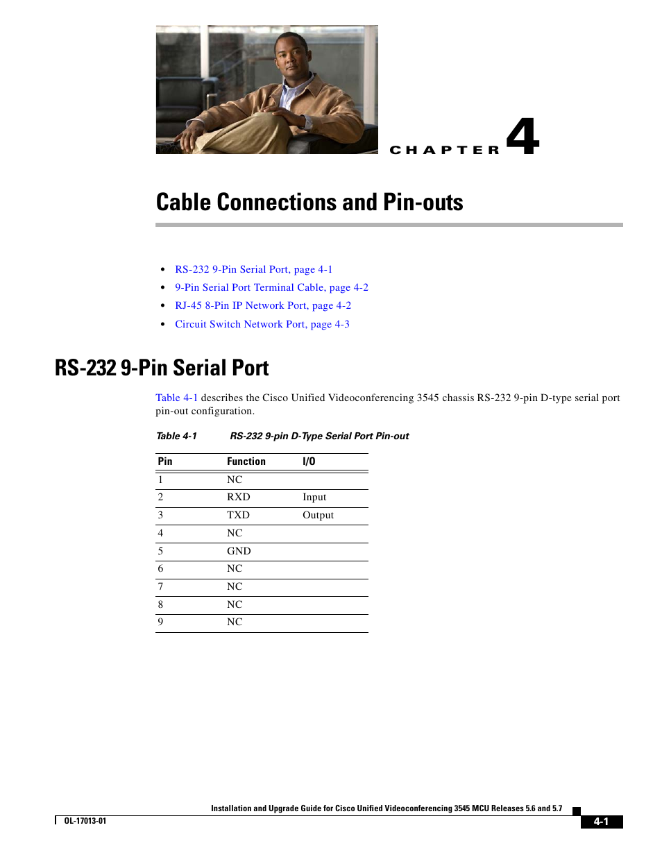 Cable connections and pin-outs, Rs-232 9-pin serial port, C h a p t e r | Cisco 3545 MCU User Manual | Page 39 / 56