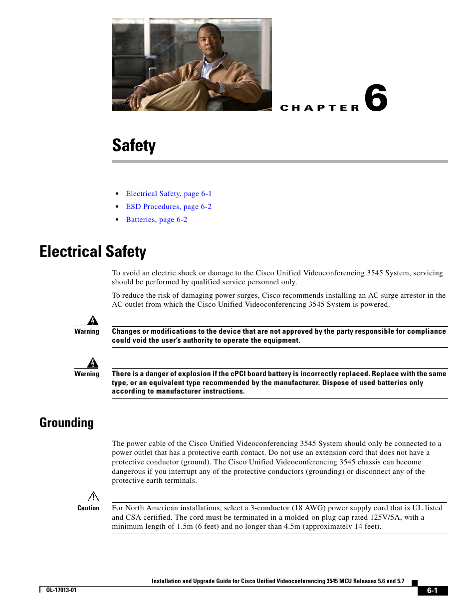 Safety, Electrical safety, Grounding | C h a p t e r | Cisco 3545 MCU User Manual | Page 47 / 56