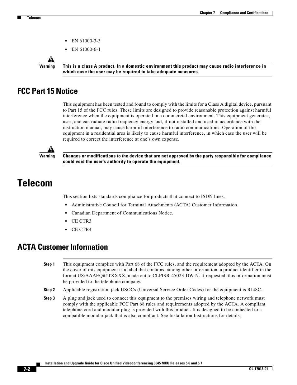Fcc part 15 notice, Telecom, Acta customer information | Cisco 3545 MCU User Manual | Page 50 / 56