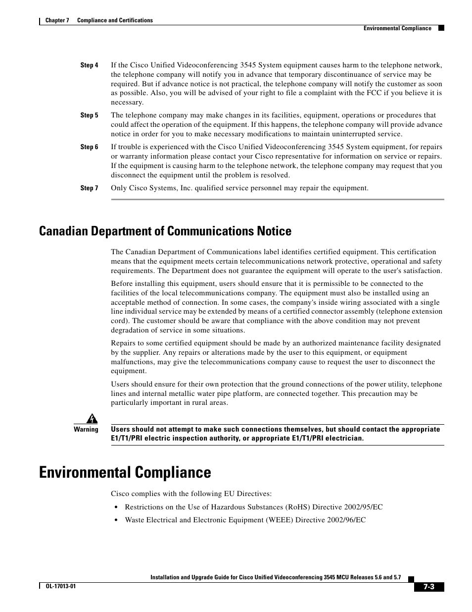 Canadian department of communications notice, Environmental compliance | Cisco 3545 MCU User Manual | Page 51 / 56