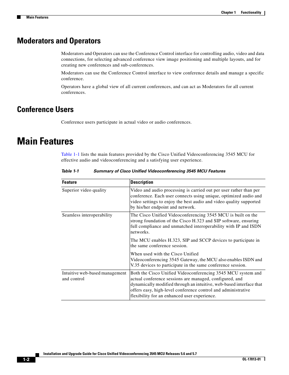 Moderators and operators, Conference users, Main features | Cisco 3545 MCU User Manual | Page 8 / 56