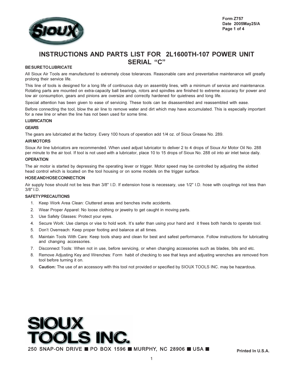 Sioux Tools 2L1600TH-107 User Manual | 4 pages
