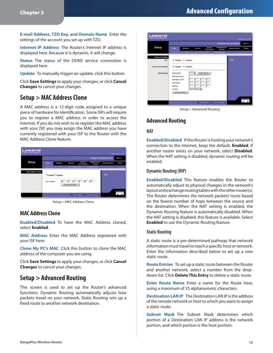 Setup > mac address clone, Setup > advanced routing, Setup > mac address clone setup > advanced routing | Advanced configuration, Mac address clone, Advanced routing | Cisco WRT110 User Manual | Page 13 / 48