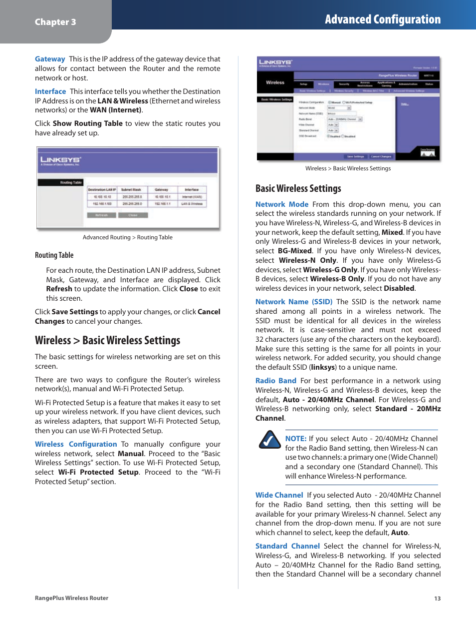 Wireless > basic wireless settings, Advanced configuration, Basic wireless settings | Cisco WRT110 User Manual | Page 14 / 48
