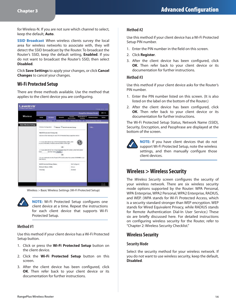 Wireless > wireless security, Advanced configuration, Wi-fi protected setup | Wireless security | Cisco WRT110 User Manual | Page 15 / 48