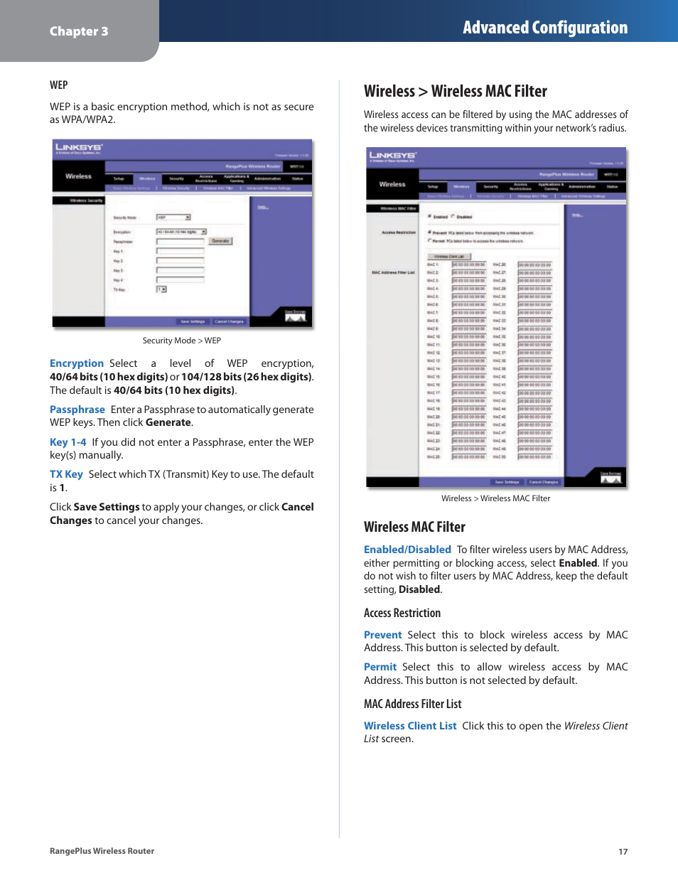 Wireless > wireless mac filter, Advanced configuration, Wireless mac filter | Cisco WRT110 User Manual | Page 18 / 48