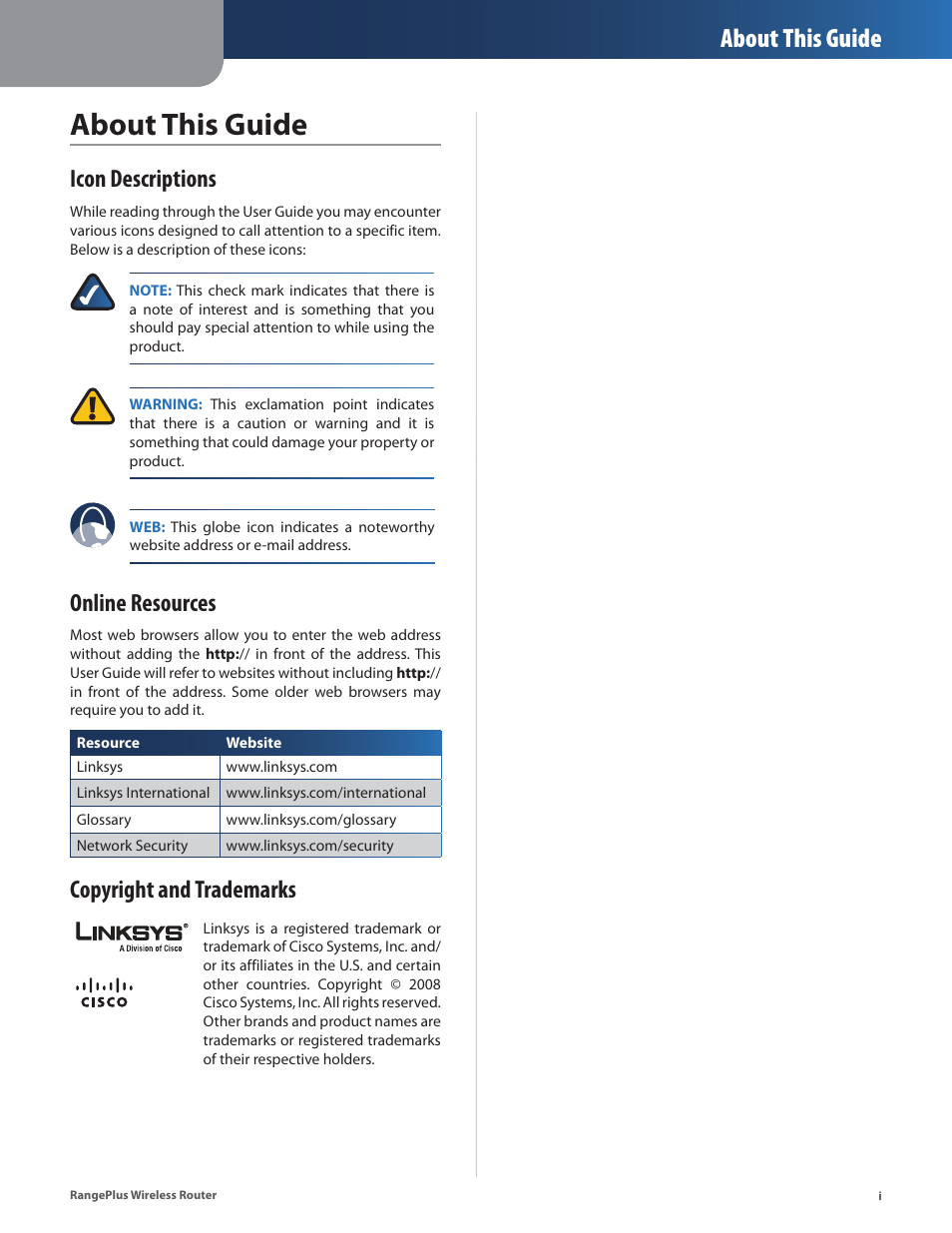 About this guide, Icon descriptions, Online resources | Copyright and trademarks | Cisco WRT110 User Manual | Page 2 / 48