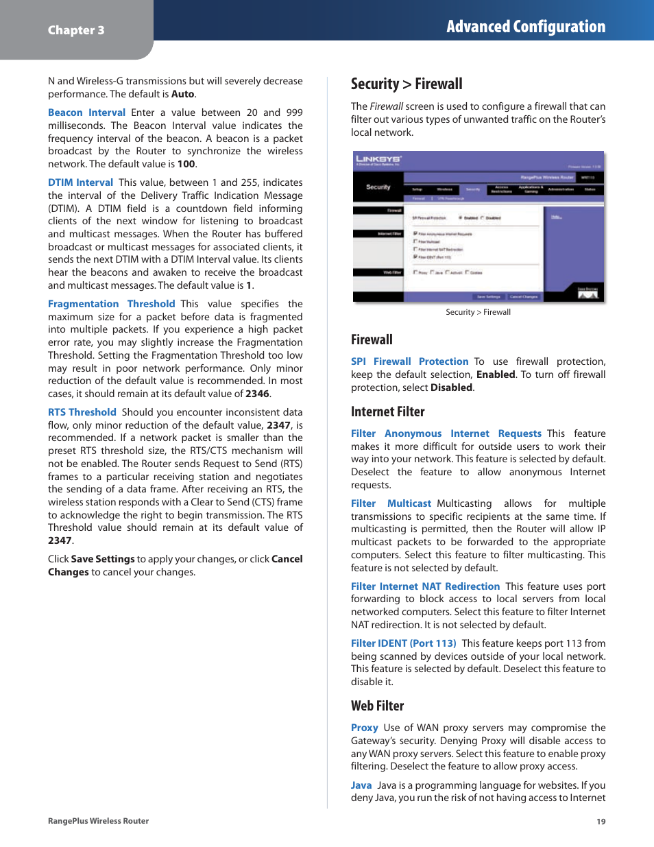 Security > firewall, Advanced configuration, Firewall | Internet filter, Web filter | Cisco WRT110 User Manual | Page 20 / 48
