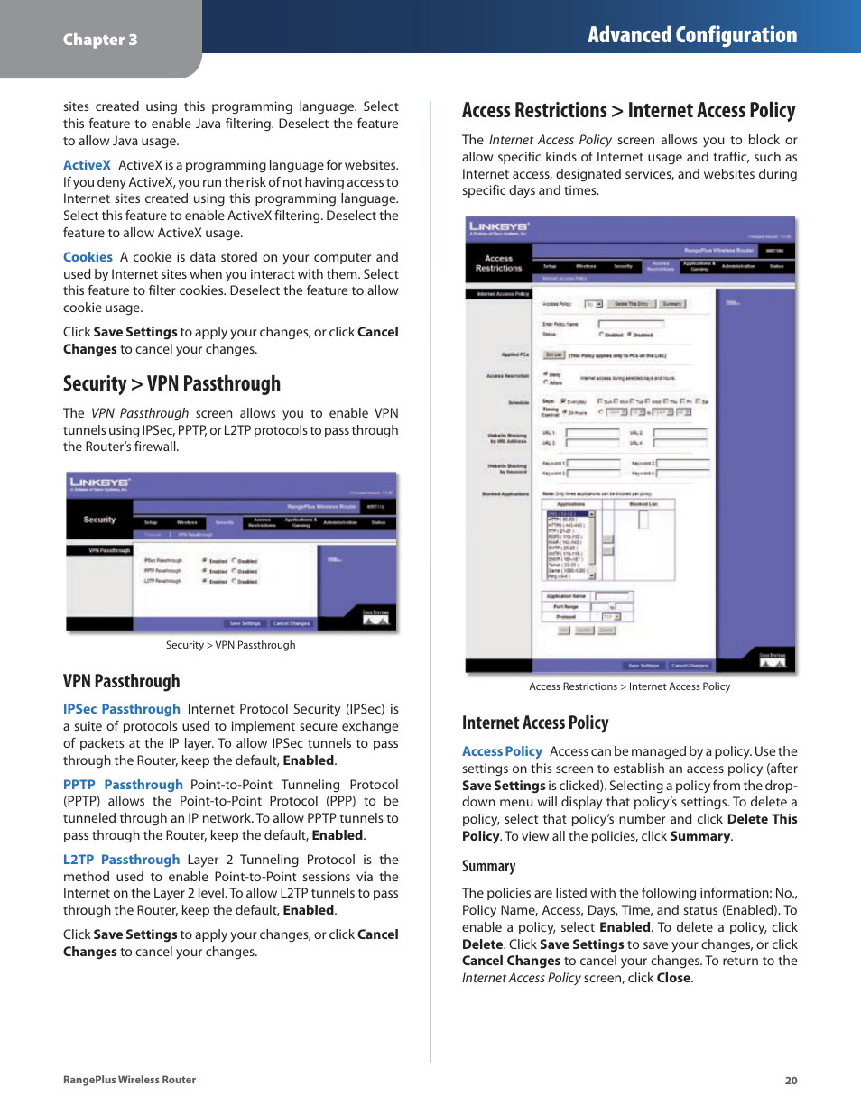 Security > vpn passthrough, Access restrictions > internet access policy, Advanced configuration | Vpn passthrough, Internet access policy | Cisco WRT110 User Manual | Page 21 / 48