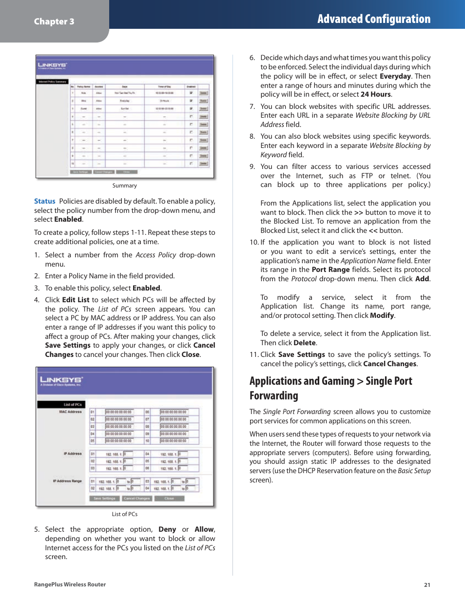 Applications and gaming > single port forwarding, Advanced configuration | Cisco WRT110 User Manual | Page 22 / 48