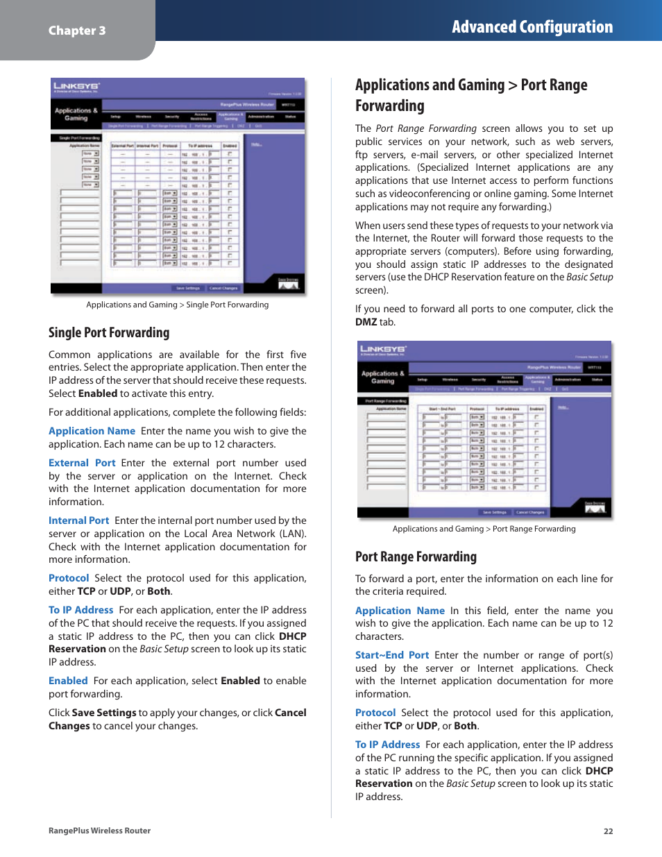 Applications and gaming > port range forwarding, Advanced configuration, Single port forwarding | Port range forwarding | Cisco WRT110 User Manual | Page 23 / 48
