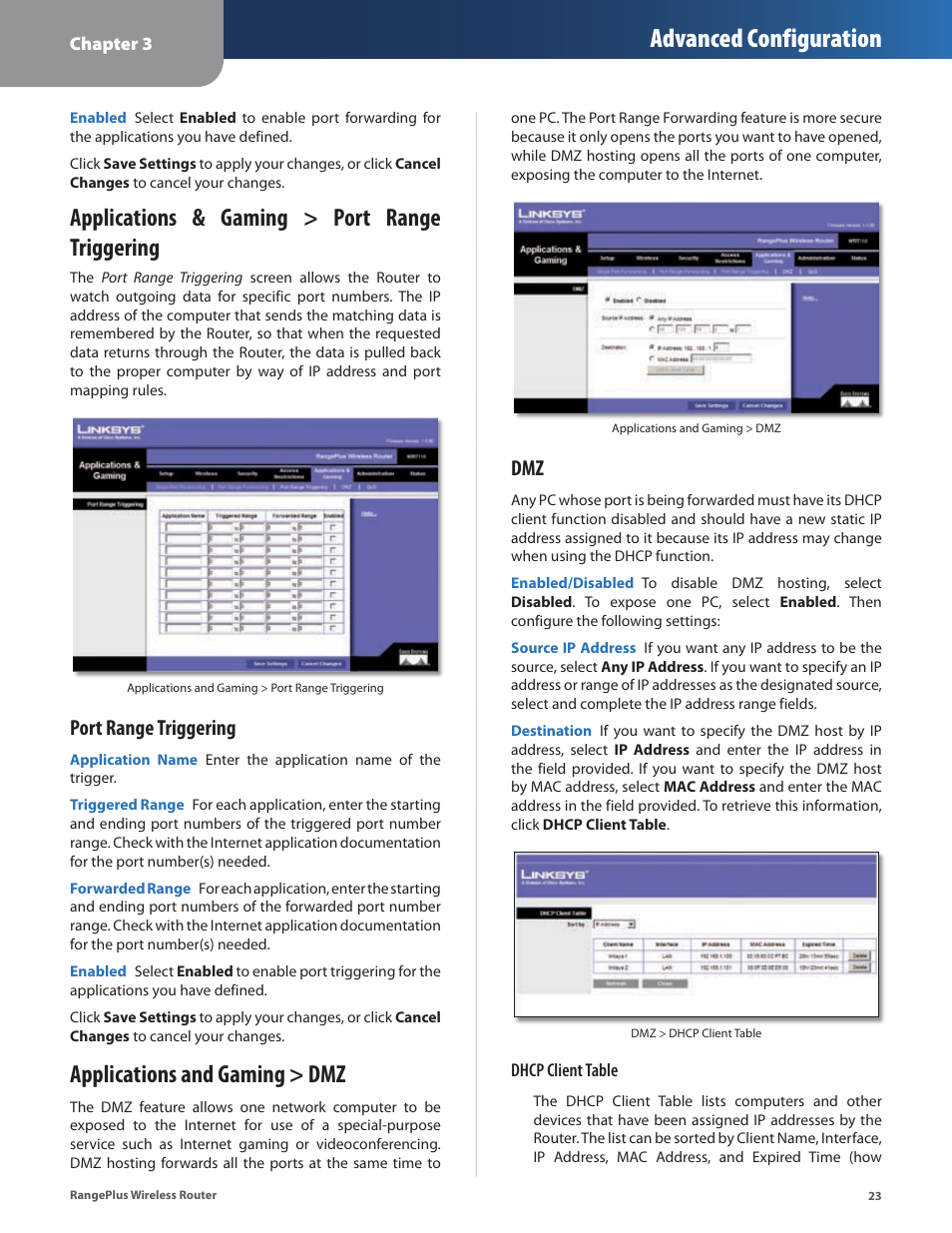 Applications and gaming > dmz, Advanced configuration, Applications & gaming > port range triggering | Port range triggering | Cisco WRT110 User Manual | Page 24 / 48